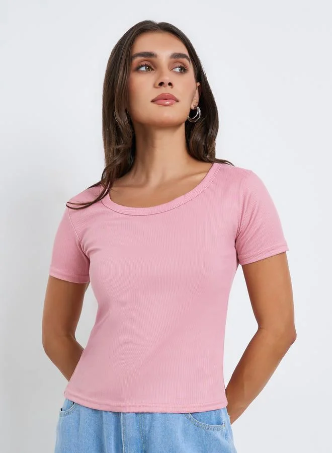 Styli Women Pink Ribbed Knit Short Sleeve Top